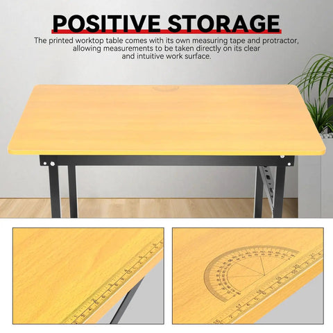 Foldable 39.4 Inch Workbench With Built In Measuring Tape And Angle Finder, showcasing top surface with ruler and protractor.