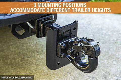 Three Position Adjustable Pintle Hook Mount Hitch on 2 inch truck showing 3 mounting positions for tough towing jobs.