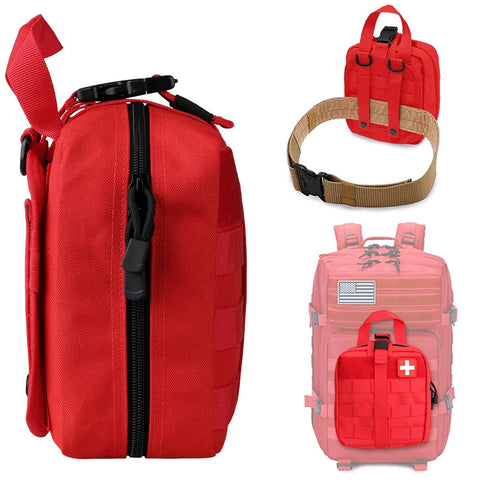 Red LIVANS 1000D first aid bag with MOLLE webbing and zippered compartments; tactical medical pouch