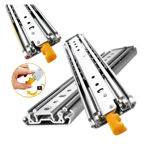 Heavy Duty Full Extension Drawer Slides 44 Inch With Lock Side Mount Ball Bearing Track Glides Rubber Pads showing side view with yellow lock.