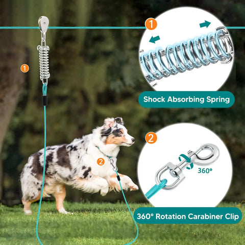 Heavy Duty 200 Foot Dog Runner With 10 Foot Tie Out Cable For Large Dogs Up To 250 Lbs in use with dog and spring clip detail