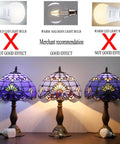 Comparison of light effects on Blue Purple Tiffany Style Stained Glass Table Lamp with lavender hue, featuring recommended warm bulb.