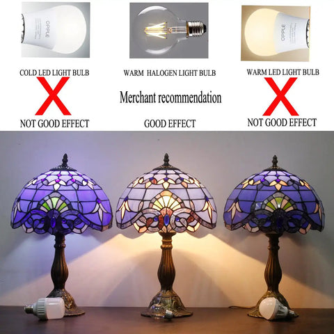 Comparison of light effects on Blue Purple Tiffany Style Stained Glass Table Lamp with lavender hue, featuring recommended warm bulb.