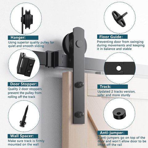 Beefy Sliding Barn Door Hardware Kit For Double Doors Black Finish Eight Foot Rail System With I Shape Hanger installed view