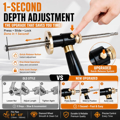 Inside Pipe Cutter For PVC Pipe With One Press Adjustable Depth From 0.4 To 7 Inches, Flush Cut Tool With Diamond Wheel, Fits PVC ABS And More Pipe Sizes, 1/4 Inch Hex Shank For Drill And Impact Driver showing quick-release depth adjustment