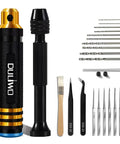 Pro Grade Gunpla Scribing Tool Kit With 7 Blade Model Scriber Chisel Set, hand drill, bits, tweezers, brush visible.