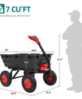 Illustration of Heavy Duty 1200 Lb Dump Cart With 7 Cu Ft Capacity All Terrain 13 Inch Wheels showing dimensions next to silhouette