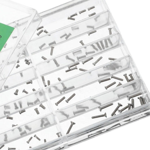 Essential Stainless Steel Watch Repair Screw Set Including Ten Individual Micro Screw Varieties in clear container for watch maintenance.