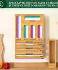 9 In 1 Bamboo Kitchen Drawer Organizer With Built In Plastic Wrap And Aluminum Foil Dispenser And Cutter mounted on wall