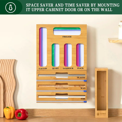 9 In 1 Bamboo Kitchen Drawer Organizer With Built In Plastic Wrap And Aluminum Foil Dispenser And Cutter mounted on wall