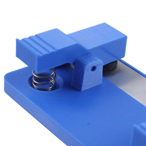 Close-up of the spring mechanism on the blue Super Grippy LED Strip Soldering Jig Helper Dual Clamp PCB Hold Down Tool.