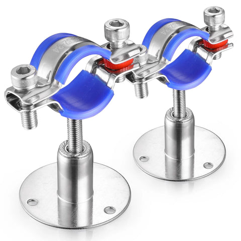 WYSIWYKA 2-pack front view: 304 stainless steel pipe supports for 38–40mm OD pipes with blue rubber clamps