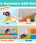 Dope Magnet Building Blocks Kit For Kids Includes Stunt Arena Construction Pieces with car, ramp, bouncy bridge, and garage in use.