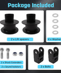 Package contents of Ford 3 Inch Front Leveling Kit For 2005 Through 2024 F250 F350 Super Duty 4WD including spacers and extenders
