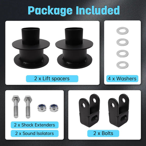 Package contents of Ford 3 Inch Front Leveling Kit For 2005 Through 2024 F250 F350 Super Duty 4WD including spacers and extenders