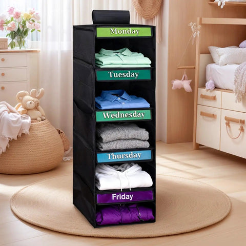 Multipurpose Hanging Closet Rack With Five Built In Dividers Weekly Garment Sorter Space Saving Home Organizer for kids with shirts sorted by day.