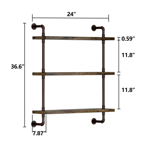 Rustic Three Tier Industrial Pipe Floating Shelves Straight Fire Modern Farmhouse Vibe With Sturdy Iron Metal Rack dimensions 24x36.6 inches.