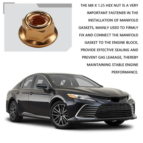10 Pack M8 Exhaust Manifold Nuts Copper Plated Self Locking Flange Kit Replacement for OEM A1201420072 with car in background