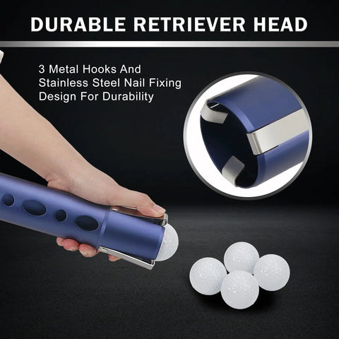 Close-up of Premium Aluminum Alloy Golf Ball Retriever With Shag Tube Holds 20 Balls showing durable head and metal hooks.