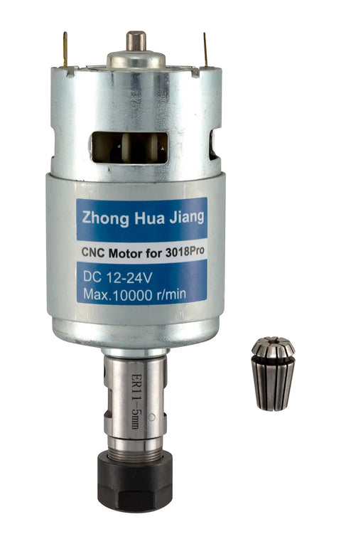 Close-up of CNC motor for 3018Pro next to collet, part of Red CNC Router Kit With Easy Assembly Aluminum Profile Frame GRBL Control Let You Carve Plastic Acrylic PCB PVC Wood Plexiglass Brass And Other Soft Metals Travel 160x100x40mm For DIY Projects And Prototyping.