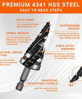 Image showing a Five Piece HSS Spiral Step Drill Bit Set With Four Flutes And Nitride Coating For Heavy Duty Holes, marked for sizes.