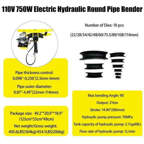 Heavy Duty 110V Electric Hydraulic Pipe Bender With 21 Ton Force And 10 Precision Dies, showing specifications and components clearly.