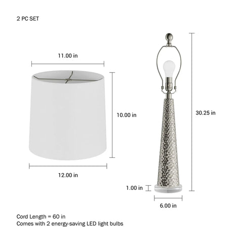 Set Of 2 30 Inch Table Lamps With Hammered Glass Bases, Modern Silver Finish, Energy Efficient LED Bulbs, lampshade and base dimensions shown