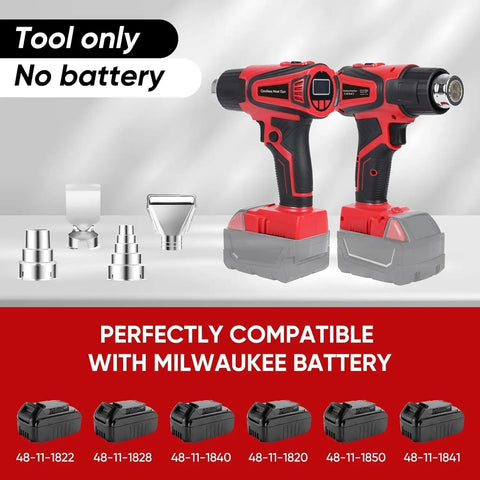 Cordless Heat Gun With LCD Temperature Display And LED Light, 18V Battery Compatible, four nozzles, tool only, displayed with batteries