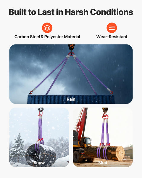 Two Pack Two Leg Lifting Slings With Hooks, 4400 Lb Capacity Heavy Duty Polyester Rigging Straps in various conditions: rain, snow, mud