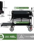 Heavy Duty Folding Double Decker Wagon With Brakes, Extra Long 54 Inch Lower Shelf, 450 Lb Total Capacity, dimensions shown