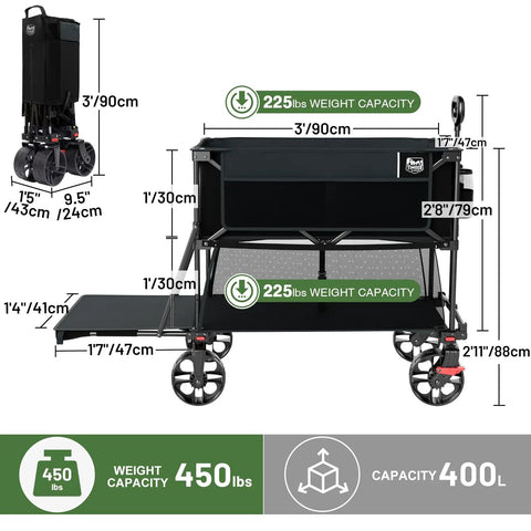 Heavy Duty Folding Double Decker Wagon With Brakes, Extra Long 54 Inch Lower Shelf, 450 Lb Total Capacity, dimensions shown