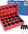 All In One 826 Piece O Ring Kit With SAE And Metric Sizes 70A Durometer O Rings in a red case with pick tools