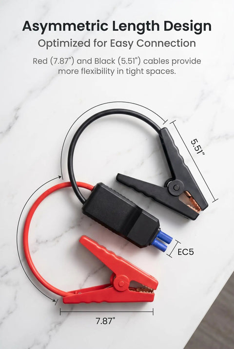 Heavy Duty Jump Starter Clamps With EC5 Connector 12V Portable Power Cables Universal Fit For Cars Suv Trucks Black Red Replacement Leads Solid Grip Plugs In with asymmetric lengths.