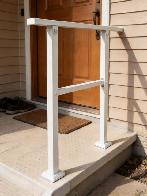 Rock Solid Galvanized Steel Stair Railing With Adjustable Outdoor Handrail Designed For One Or Two Steps Featuring Corrosion Resistant Finish And Quick Install For Front Porches at entrance.