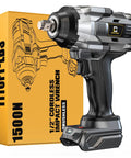 Badass Brushless Cordless Impact Wrench Built With A Heavy Half Inch Drive To Hand Out Hella 1000 Ft Lbs Of Knockout Torque alongside its packaging and battery.