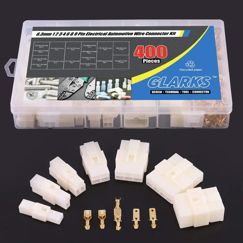 All In One 400Pcs 6.3mm Wire Connector Kit with male and female sockets, pins, crimp terminals in clear case