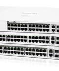 Front view of a stack of three 48-Port PoE Smart-Managed Layer 2+ Gigabit Switch With 2x 10GBaseT and 2x SFP Plus, stackable design.