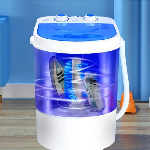 No Sweat Portable Washer And Dryer Combo, 260W Mini Washing Machine for cleaning shoes in compact blue unit.