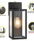 Close-up view of 2 Pack Dusk To Dawn Outdoor Wall Lights Matte Black Waterproof Exterior Sconces With Clear Glass Anti Rust Outdoor Light Fixtures.