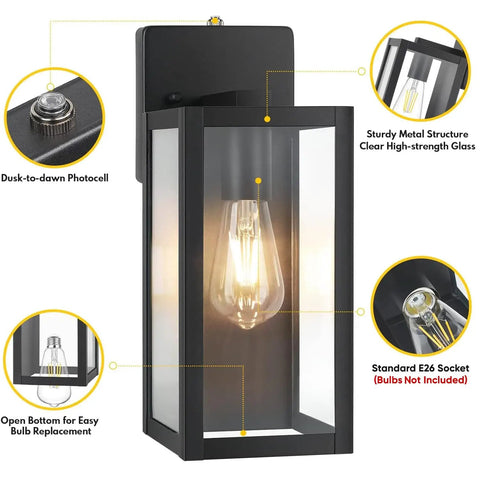Close-up view of 2 Pack Dusk To Dawn Outdoor Wall Lights Matte Black Waterproof Exterior Sconces With Clear Glass Anti Rust Outdoor Light Fixtures.
