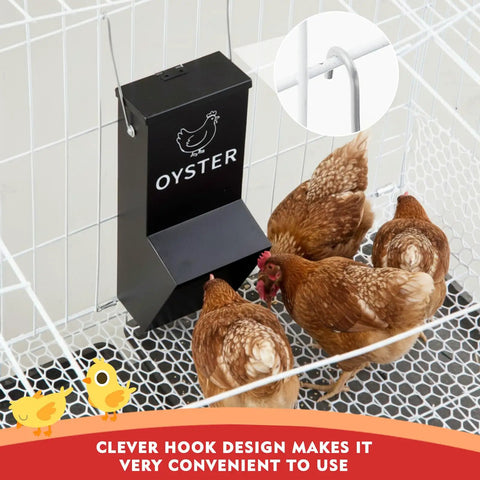 Heavy Duty Metal Chicken Feeder 2 Pack With Tight Lid Automatic Gravity Trough for oyster shell, wall mounted with chickens.