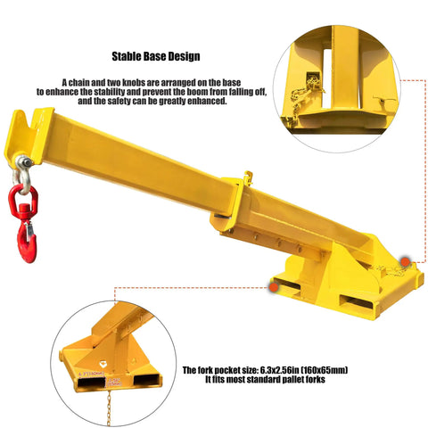 Heavy Duty Workhorse Forklift Jib Boom Crane With 11000 Lbs Capacity And Adjustable 94.5 Inch Telescopic Arm built like a tank base design with chain for stability.