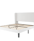 Top Notch Full Size Bed Frame With White Velvet Upholstery And Tufted Wingback Headboard Heavy Duty Steel Rails Solid Slats No Box Spring Needed Clean Bedroom Flex, angled view showing slats.