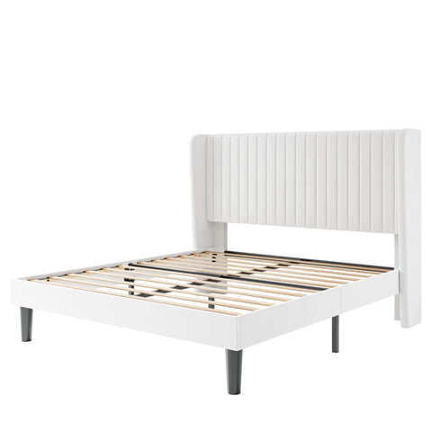 Top Notch Full Size Bed Frame With White Velvet Upholstery And Tufted Wingback Headboard Heavy Duty Steel Rails Solid Slats No Box Spring Needed Clean Bedroom Flex, angled view showing slats.