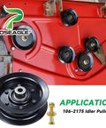 Flat Idler Pulley Replacement For Toro Timecutter SS5000 Deck 50 Inch And 42 Inch Models 132-9420 shown on a red mower deck