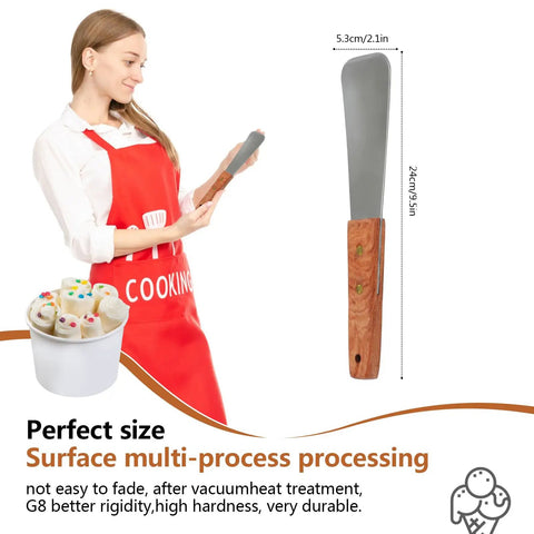 Woman holding stainless steel ice cream shovel with wooden handle, shown with measurements and ice cream scoop illustration.
