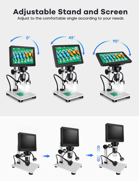 7 Inch LCD Digital Microscope With Screen 1200X Magnification 12MP Coin Microscope For 1080P Images And Videos Rotatable HD Display Easy Setup For Hobbyists DIYers And Classroom Tech Enthusiasts adjustable screen angles