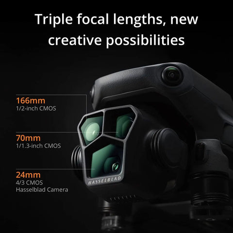 Mavic 3 Pro Cine Drone Dope Triple Camera with 4/3 Hasselblad Sensor showcasing three focal lengths.
