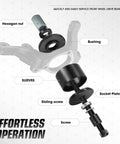 19 Piece Front Wheel Bearing Press Kit with labeled parts including bushings, hexagon nut, sleeves, sliding screw, socket plate.