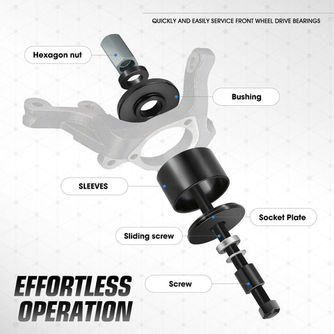 19 Piece Front Wheel Bearing Press Kit with labeled parts including bushings, hexagon nut, sleeves, sliding screw, socket plate.